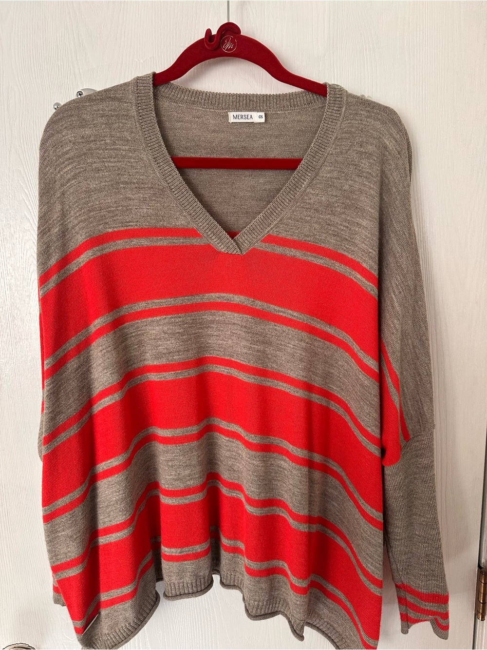 MerseaRed and Taupe Striped V-Neck Sweater